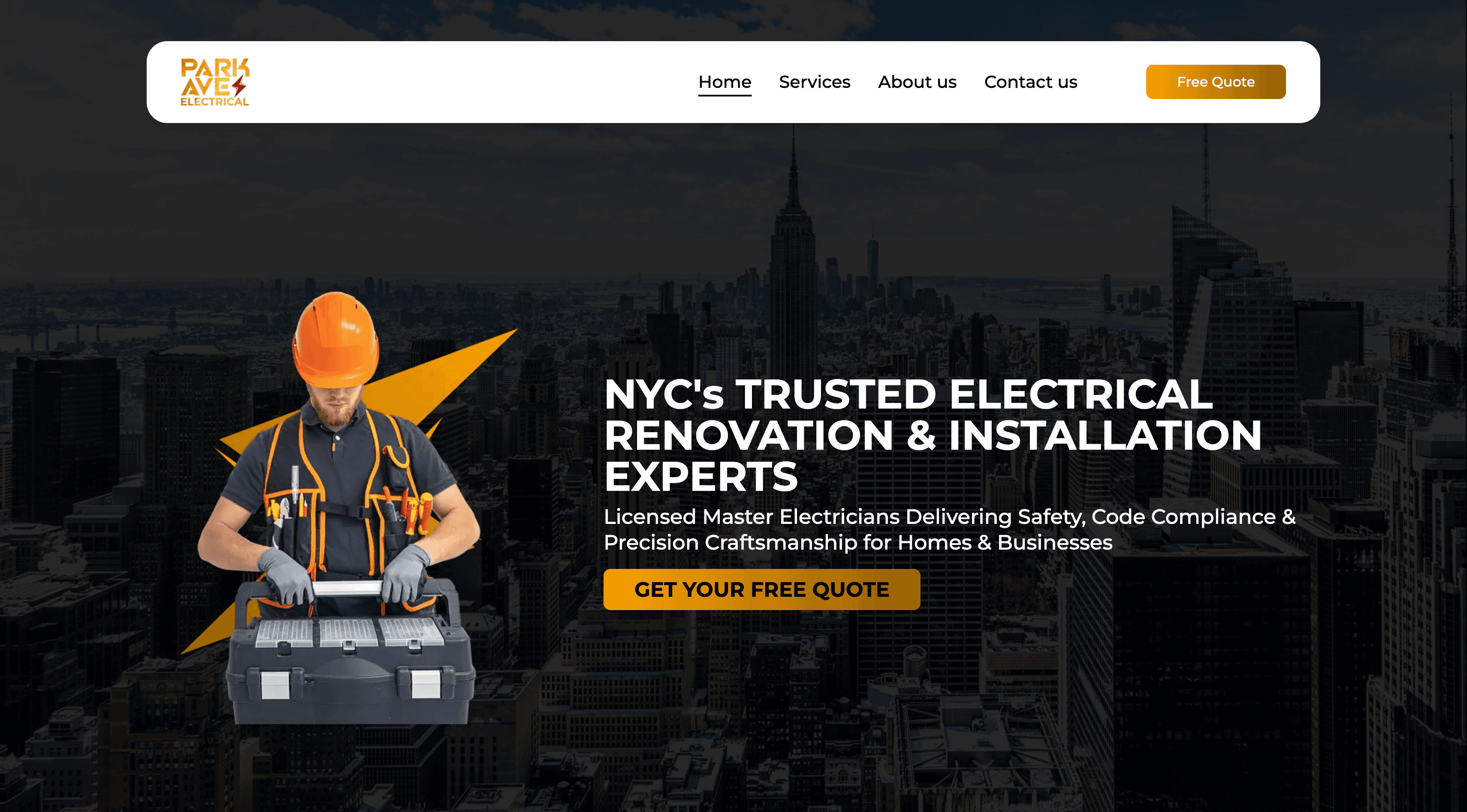 Park Ave Electrical homepage, desktop view, showing the gold-on-photography hero and service navigation.